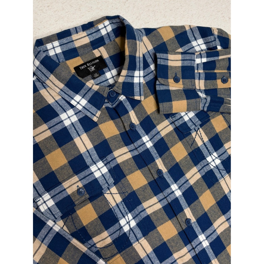 True Religion Mens LS‎ Utility Plaid Shirt Blue Tan Flannel Large 104774 7233
